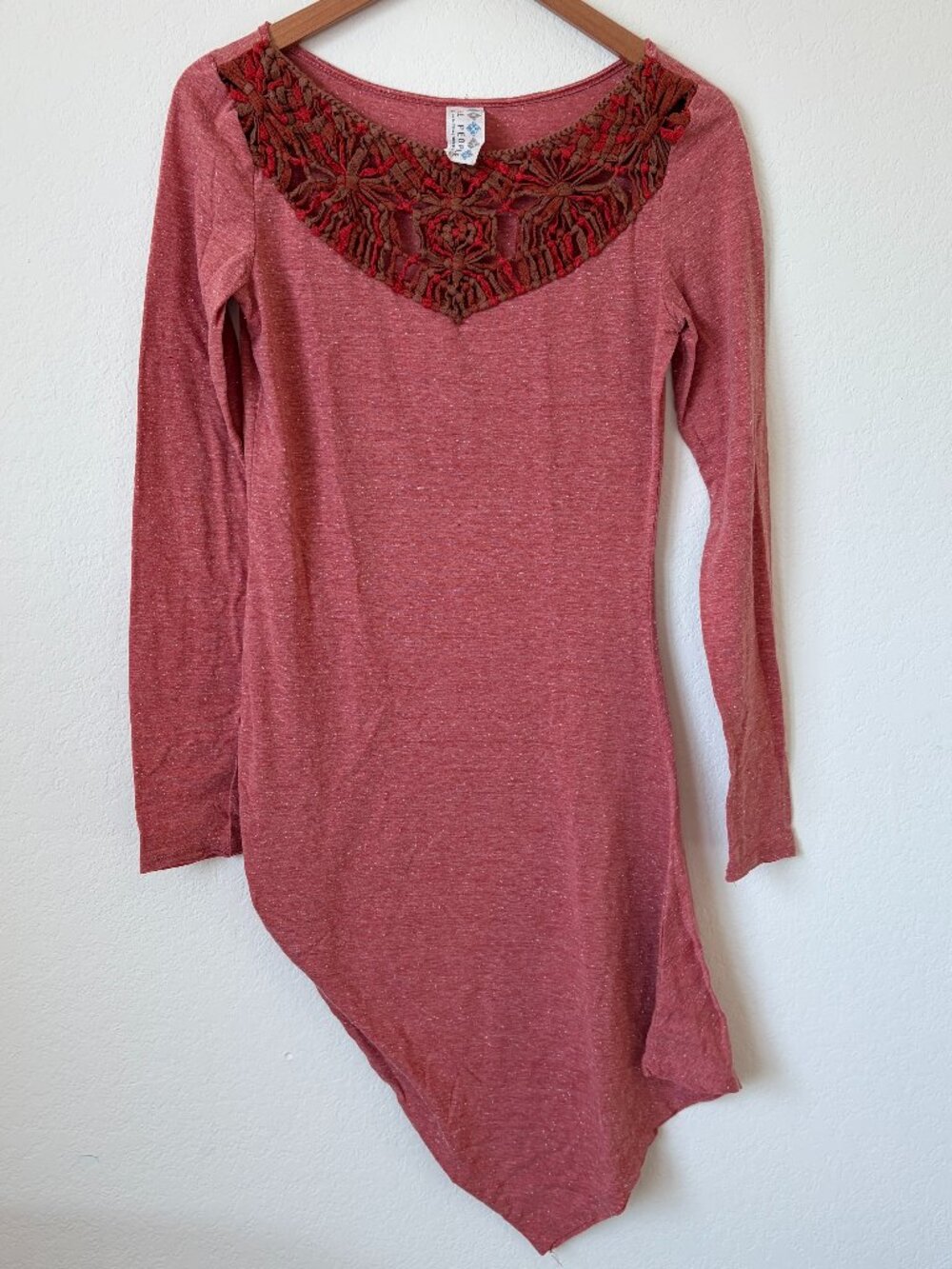 Free People Dress Womens Medium Coral Pink Crochet Asymmetrical Long Sleeve M